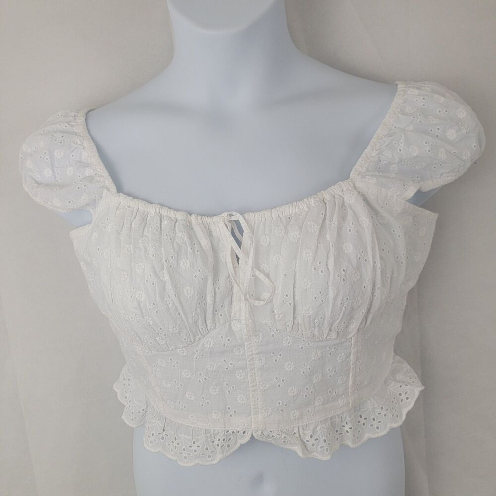 HOLLISTER Womens Crop Top XL Milkmaid WHITE Eyelet Coquette Angel Ren Faire